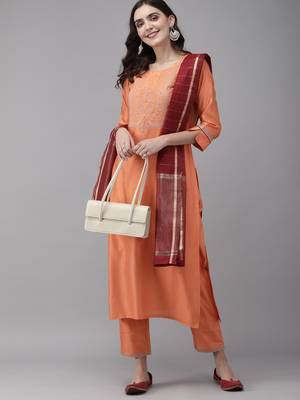 Indo Era Orange Embroidered Straight Kurta Palazzo With Dupatta Set 4