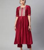 Indo Era Red Solid Straight Kurta Trouser Set