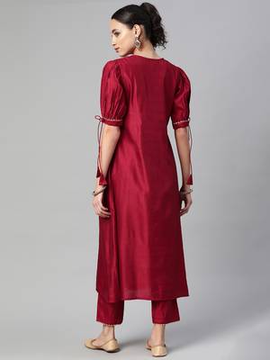 Indo Era Red Solid Straight Kurta Trouser Set 2