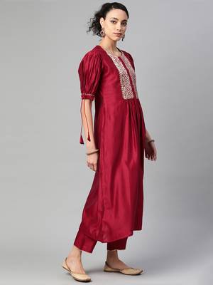 Indo Era Red Solid Straight Kurta Trouser Set 3