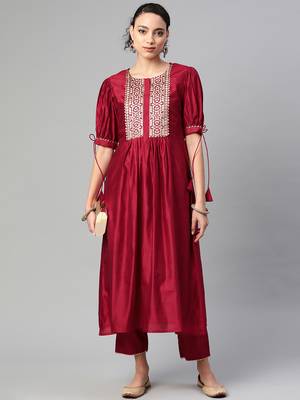 Indo Era Red Solid Straight Kurta Trouser Set 4