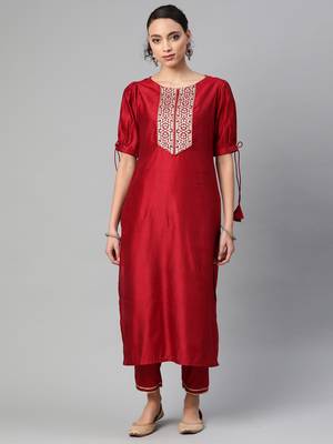 Indo Era Red Solid Straight Kurta Trouser Set 1