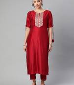 Indo Era Red Solid Straight Kurta Trouser Set