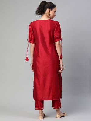 Indo Era Red Solid Straight Kurta Trouser Set 2