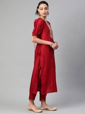 Indo Era Red Solid Straight Kurta Trouser Set 3