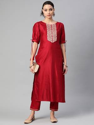 Indo Era Red Solid Straight Kurta Trouser Set 4