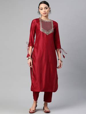 Indo Era Red Solid Straight Kurta Trouser Set 1