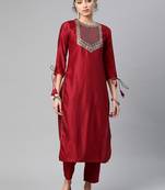 Indo Era Red Solid Straight Kurta Trouser Set
