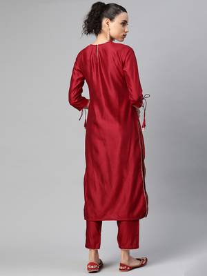 Indo Era Red Solid Straight Kurta Trouser Set 2