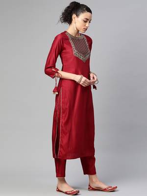 Indo Era Red Solid Straight Kurta Trouser Set 3