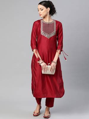 Indo Era Red Solid Straight Kurta Trouser Set 4