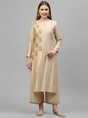 Indo Era Beige Embroidered Straight Kurta Palazzo Set 1