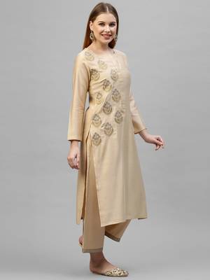 Indo Era Beige Embroidered Straight Kurta Palazzo Set 4