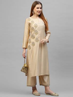 Indo Era Beige Embroidered Straight Kurta Palazzo Set 5