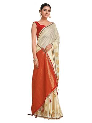 Beige woven crepe saree with blouse 2
