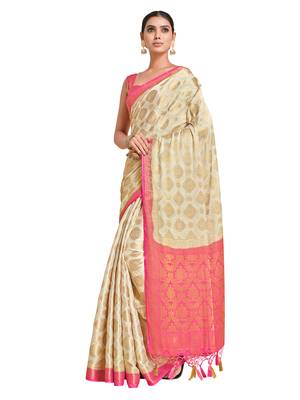 Beige woven crepe saree with blouse 1