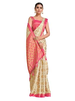 Beige woven crepe saree with blouse 2