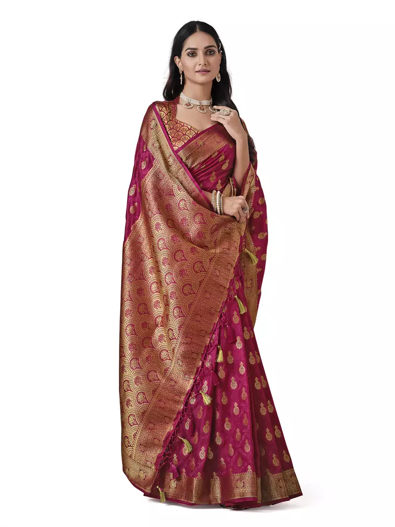 Pink woven art silk saree with blouse