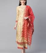 Indo Era Beige Foil Printed Straight Kurta with Palazzo Dupatta Set