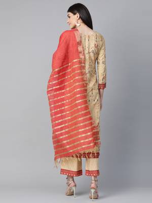 Indo Era Beige Foil Printed Straight Kurta with Palazzo Dupatta Set 2
