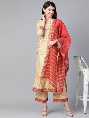 Indo Era Beige Foil Printed Straight Kurta with Palazzo Dupatta Set 5
