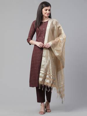 Indo Era Brown Foil Printed A-Line Kurta Pant with Dupatta Set 1