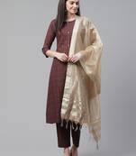Indo Era Brown Foil Printed A-Line Kurta Pant with Dupatta Set