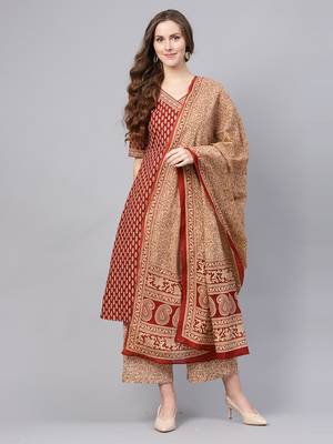 Indo Era Maroon Floral Printed Anghrakha Style A-Line Kurta with Palazzo Set with Dupatta 1