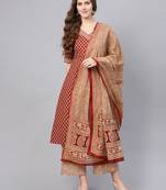 Indo Era Maroon Floral Printed Anghrakha Style A-Line Kurta with Palazzo Set with Dupatta