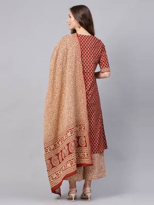 Indo Era Maroon Floral Printed Anghrakha Style A-Line Kurta with Palazzo Set with Dupatta 2