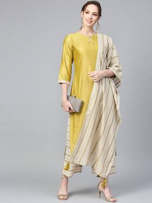 Indo Era Solid Straight Kurta with Palazzo Dupatta Set 1