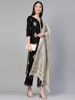 Indo Era Black Foil Floral Printed Straight Kurta Palazzo with Dupatta Set 1