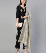 Indo Era Black Foil Floral Printed Straight Kurta Palazzo with Dupatta Set