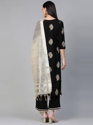 Indo Era Black Foil Floral Printed Straight Kurta Palazzo with Dupatta Set 2