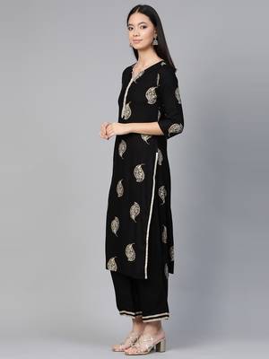 Indo Era Black Foil Floral Printed Straight Kurta Palazzo with Dupatta Set 4