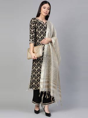Indo Era Black Foil Floral Printed Straight Kurta Palazzo with Dupatta Set 1