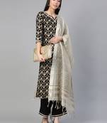 Indo Era Black Foil Floral Printed Straight Kurta Palazzo with Dupatta Set