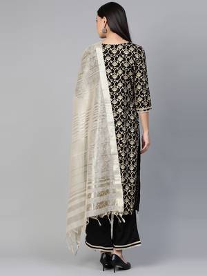 Indo Era Black Foil Floral Printed Straight Kurta Palazzo with Dupatta Set 2