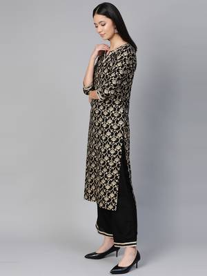 Indo Era Black Foil Floral Printed Straight Kurta Palazzo with Dupatta Set 4