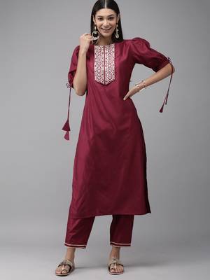 Indo Era Wine Solid Straight Kurta Trouser Set 1