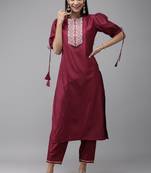 Indo Era Wine Solid Straight Kurta Trouser Set