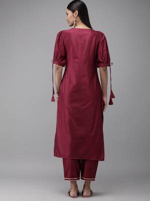 Indo Era Wine Solid Straight Kurta Trouser Set 2