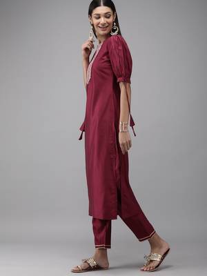 Indo Era Wine Solid Straight Kurta Trouser Set 3