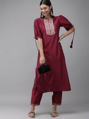 Indo Era Wine Solid Straight Kurta Trouser Set 4