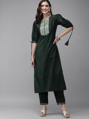 Indo Era Green Solid Straight Kurta Trouser Set 1