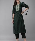 Indo Era Green Solid Straight Kurta Trouser Set