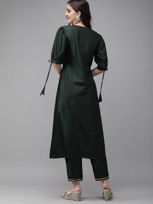 Indo Era Green Solid Straight Kurta Trouser Set 2