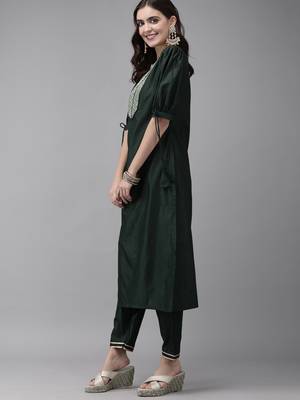 Indo Era Green Solid Straight Kurta Trouser Set 3