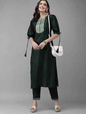 Indo Era Green Solid Straight Kurta Trouser Set 4
