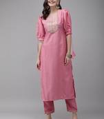 Indo Era Pink Solid Straight Kurta Trouser Set